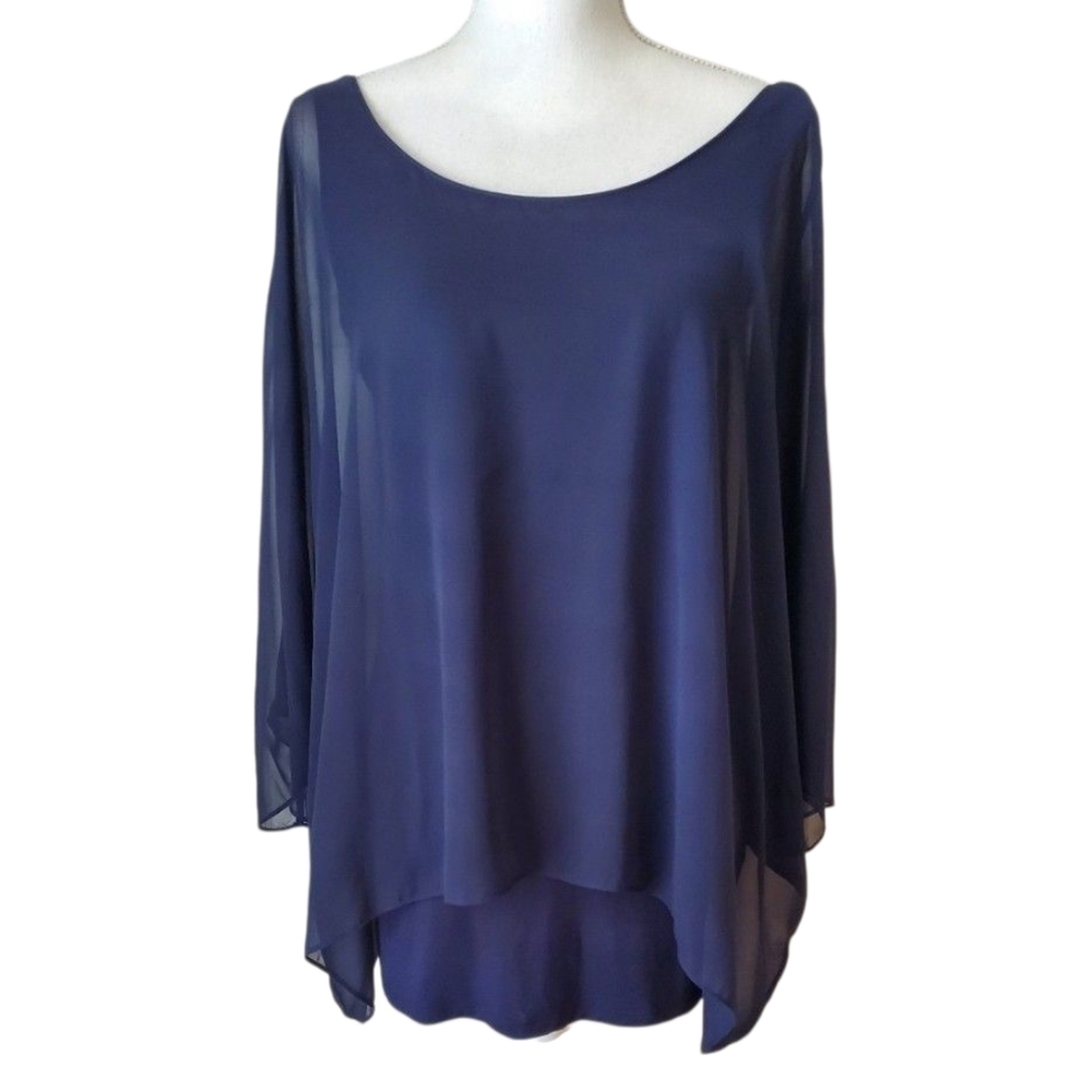 White House Black Market Blue Kimono Sleeve Chiffon Overlay Tunic Blouse Size S